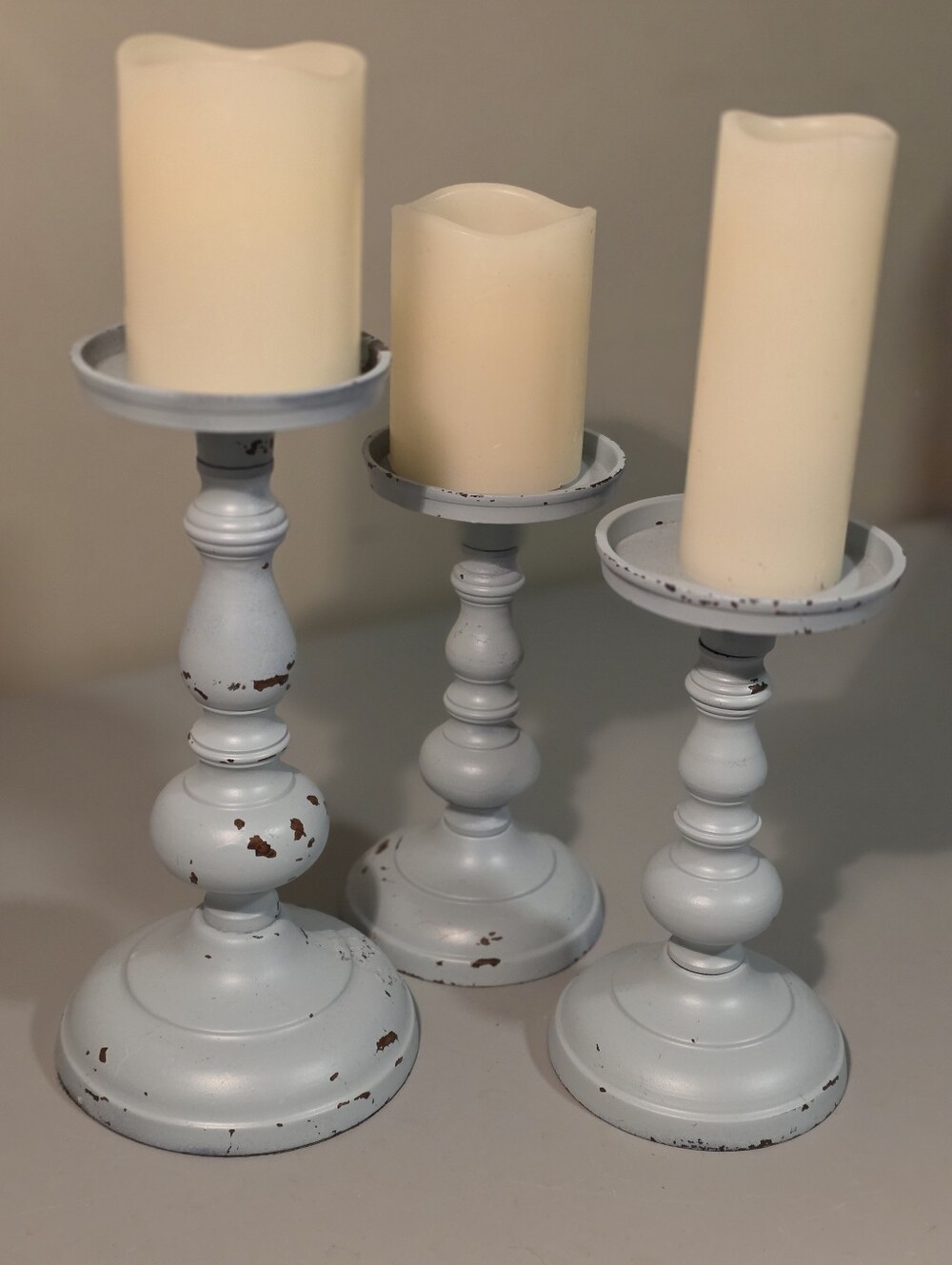 Distressed Candle Holders with LED Pillar Candles - Set of 3